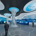 Modern Exhibition Hall Interior With Curved Design Blue Elements And Interactive Displays 3d model