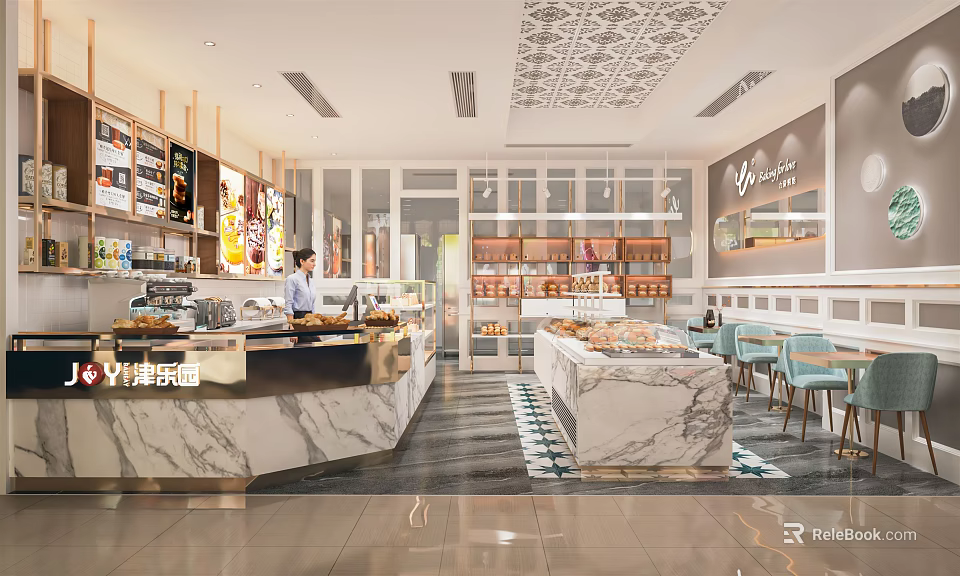 Dessert Shop Interior With Marble Counters Barista Pastries Coffee Machine Patterned Ceiling And Tables 3d model
