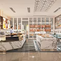 Dessert Shop Interior With Marble Counters Barista Pastries Coffee Machine Patterned Ceiling And Tables 3d model