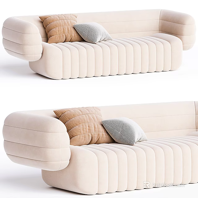 Modern Beige Ribbed Sectional Sofa With Soft Brown And Gray Decorative Pillows 3d model