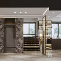 Luxurious Living Dining Room Interior With Marble Columns Staircase Large Windows And Wine Cabinet