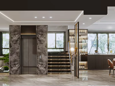 Luxurious Living Dining Room Interior With Marble Columns Staircase Large Windows And Wine Cabinet 3d model