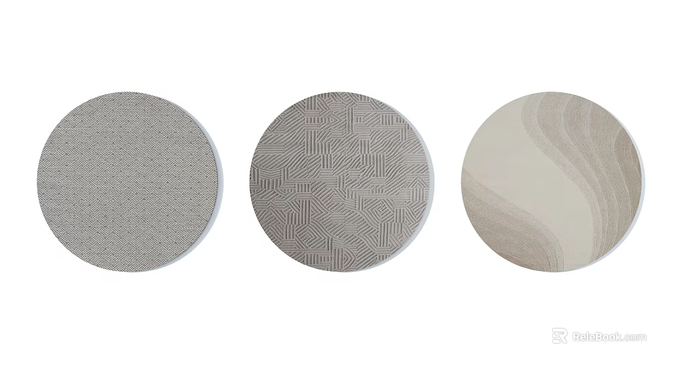 Three Round Rugs Featuring Geometric Wave and Textured Patterns in Neutral Tones 3d model