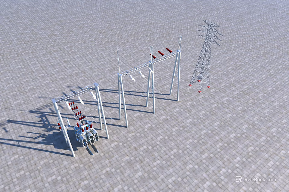 Industrial Electrical Power Equipment With Metal Frames Insulators Cables and Transmission Towers 3d model 