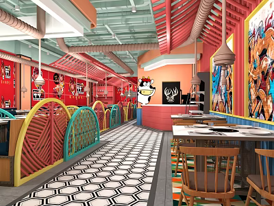 Colorful Modern Restaurant Interior With Arc Partitions Red Ceiling Geometric Floor And Mural Walls 3d model