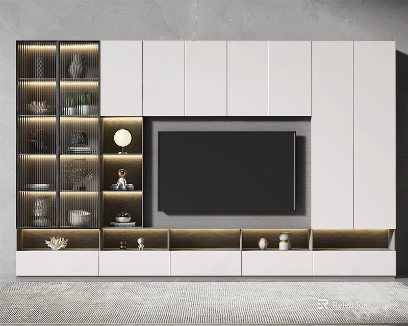 Modern TV Cabinet With Glass Display Shelves Lighting Strips And Storage Drawers 3d model 