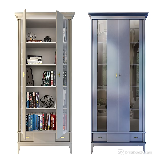 Modern Two Tone Bookcase With Glass Doors Drawers Books And Decorative Items 3d model 