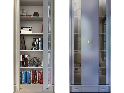Modern Two Tone Bookcase With Glass Doors Drawers Books And Decorative Items 3d model