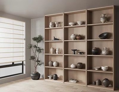 Stylish Room Interior Featuring Wooden Shelves With Various Ceramic Vessels And Decorative Pots 3d model
