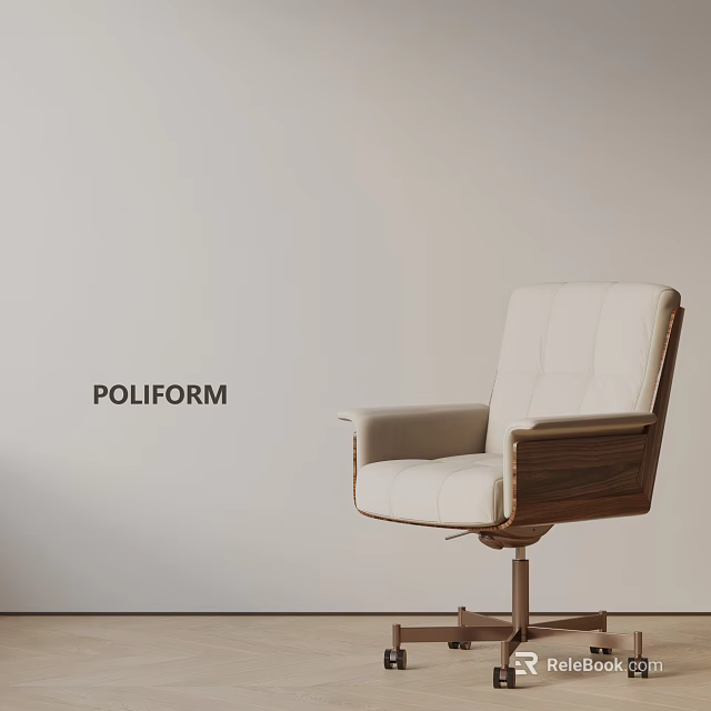 POLIFORM White Leather Office Chair with Walnut Wood Armrests and Swivel Base 3d model 