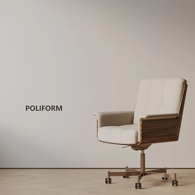 POLIFORM White Leather Office Chair with Walnut Wood Armrests and Swivel Base 3d model