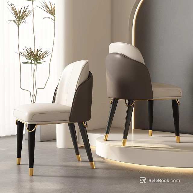 Elegant Modern Dining Chairs With White Brown Leather Upholstery Black Legs Gold Trim 3d model 