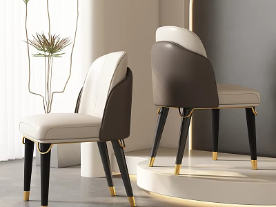 Elegant Modern Dining Chairs With White Brown Leather Upholstery Black Legs Gold Trim 3d model