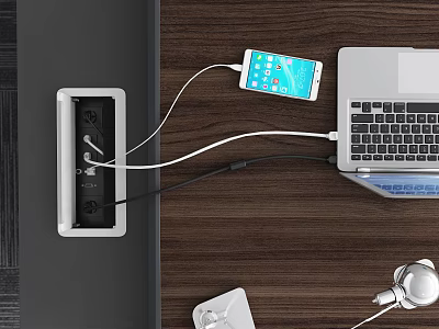 Office Workspace on Wooden Desk Power Strip Charging Smartphone Silver Laptop Wireless Mouse Headphones 3d model