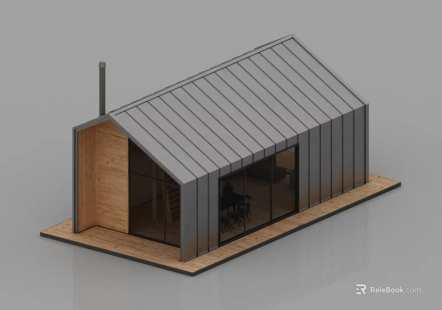 Modern Small House Model With Metal Roof Wooden Walls Glass Windows And Interior Furniture 3d model 