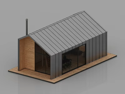 Modern Small House Model With Metal Roof Wooden Walls Glass Windows And Interior Furniture 3d model