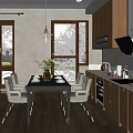 Modern Dining Room With Wooden Table Chairs Pendant Light And Kitchen Area With Greenery View