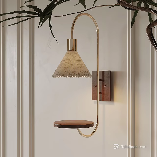 Elegant Wall Lamp With Woven Shade And Wooden Tray On Paneled Wall 3d model 