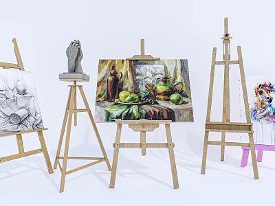 Art Supplies Display With Wooden Easels Paintings And Plaster Statue 3d model