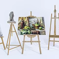 Art Supplies Display With Wooden Easels Paintings And Plaster Statue