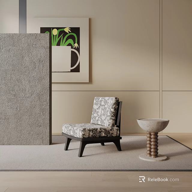 Accent Chair with Floral Cushion Black Wooden Legs Beige Wall Tulip Art and Round Decor 3d model 