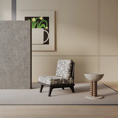 Accent Chair with Floral Cushion Black Wooden Legs Beige Wall Tulip Art and Round Decor 3d model