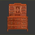 Red Wooden Dresser With Ornate Design Multiple Drawers And Upper Cabinet