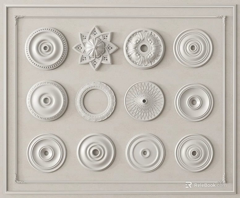 Various White Decorative Ceiling Medallions with Intricate Patterns Arranged in Panel 3d model