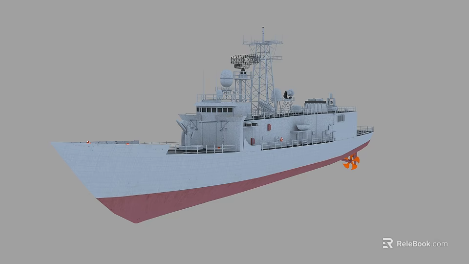Modern Warship with Radar Tower and Antennas White Hull Red Bottom Design 3d model 