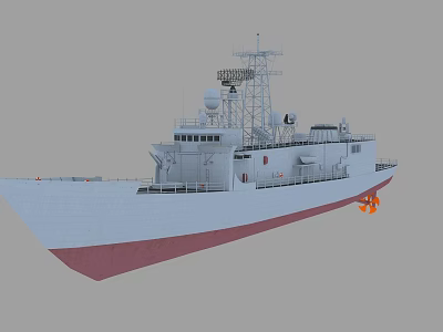 Modern Warship with Radar Tower and Antennas White Hull Red Bottom Design 3d model