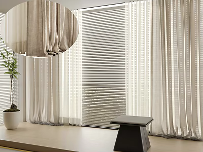 Light Colored Curtains And Slatted Blinds In Modern Interior With Potted Plant And Wooden Table 3d model