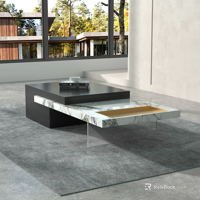 Modern Black Marble Coffee Table With Layered Tray Design In Bright Room 3d model 