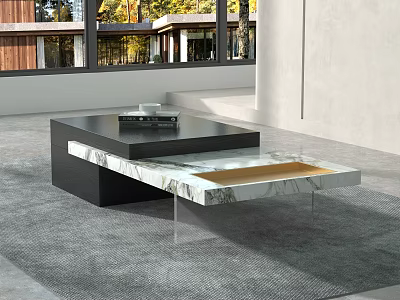 Modern Black Marble Coffee Table With Layered Tray Design In Bright Room 3d model
