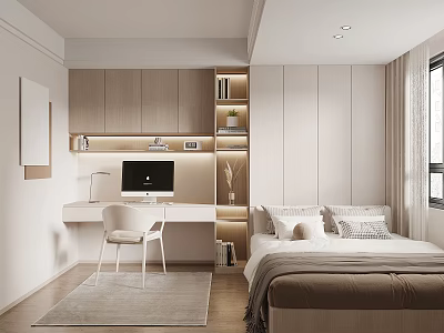 Modern Tatami Bedroom Interior With Cozy Platform Bed And Built In Storage Cabinets 3d model
