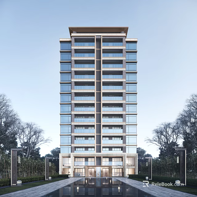Modern High Rise Building With Multiple Floors Glass Windows And Trees Around Exterior 3d model 