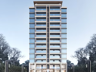 Modern High Rise Building With Multiple Floors Glass Windows And Trees Around Exterior 3d model