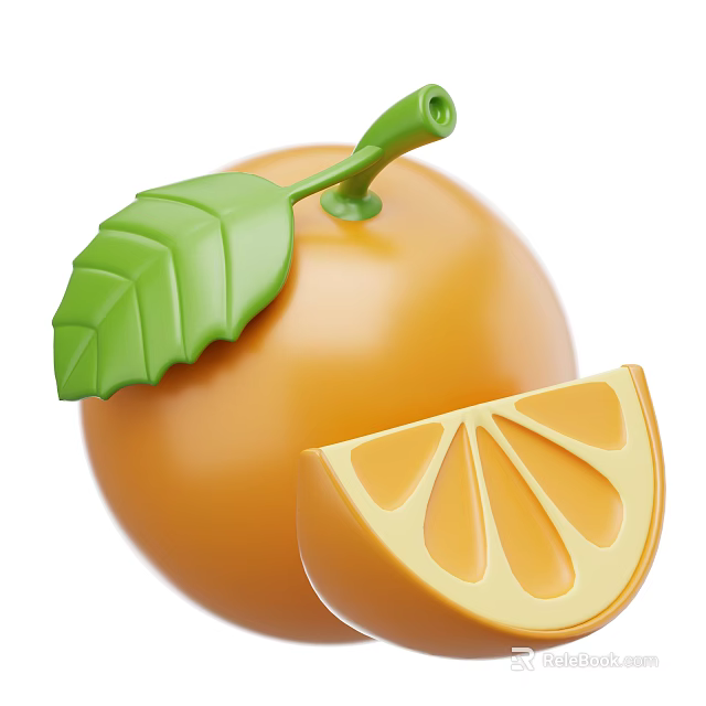Fresh Ripe Orange Whole Fruit With Sliced Segment And Green Leaf 3d model 