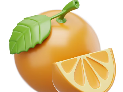 Fresh Ripe Orange Whole Fruit With Sliced Segment And Green Leaf 3d model