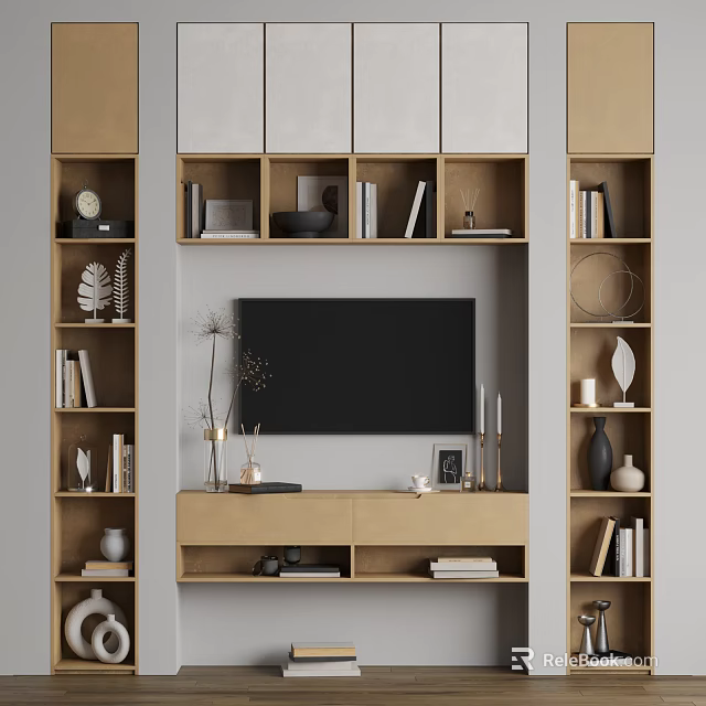 Modern TV Wall Unit with Bookshelves Storage Cabinets TV and Decorative Items 3d model 