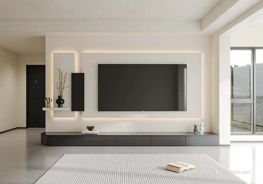 Modern TV Stand With LED Strip Lighting Open Shelves And Decorative Elements In Living Room 3d model 