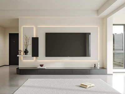 Modern TV Stand With LED Strip Lighting Open Shelves And Decorative Elements In Living Room 3d model
