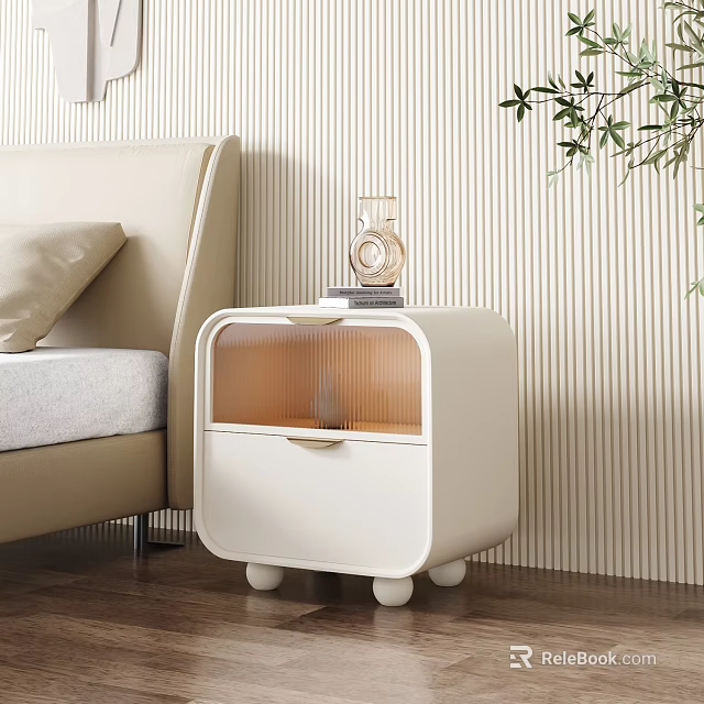 Modern White Bedside Table With Transparent Drawer Small Wheels Beside Bed And Striped Wallpaper 3d model 