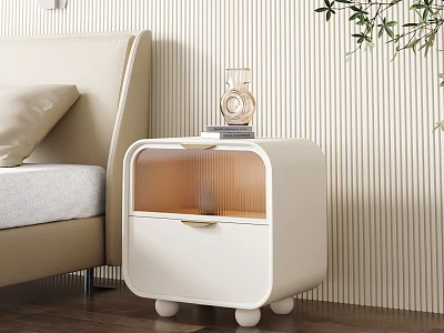 Modern White Bedside Table With Transparent Drawer Small Wheels Beside Bed And Striped Wallpaper 3d model