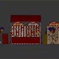 Red Tent Game Booth Structure With Colorful Balloons And Wooden Ring Toss Sign