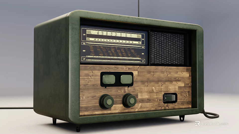 Vintage Radio With Green Casing Wooden Panel Dial Knobs And Mesh Grille 3d model 