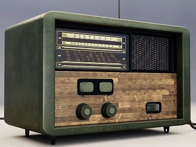 Vintage Radio With Green Casing Wooden Panel Dial Knobs And Mesh Grille 3d model
