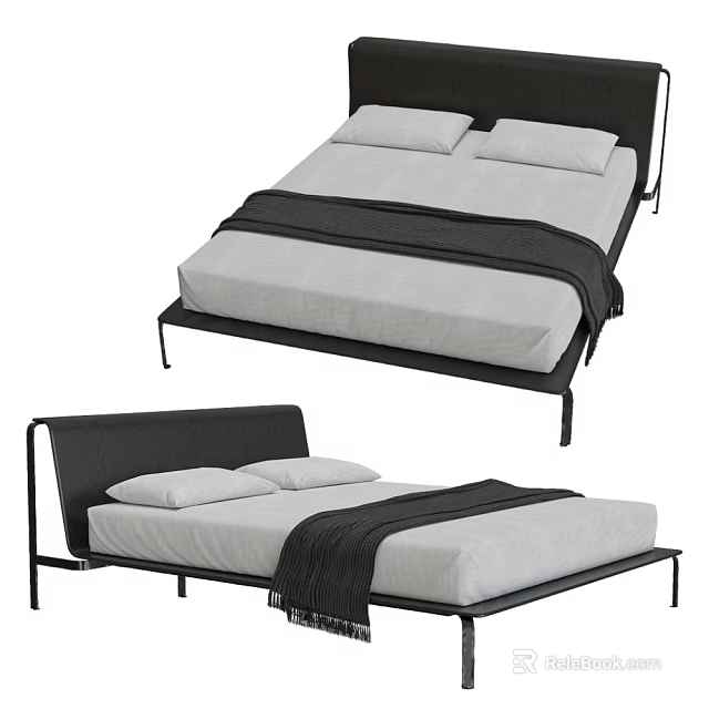 Modern Sleek Double Bed With Black Metal Frame White Sheets And Dark Decorative Blanket 3d model 