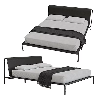 Modern Sleek Double Bed With Black Metal Frame White Sheets And Dark Decorative Blanket 3d model