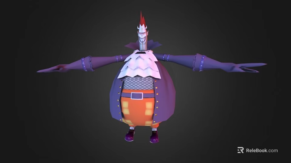 Cartoon Style Game Character With Red Spiked Hat Purple Coat And Orange Pants 3d model 
