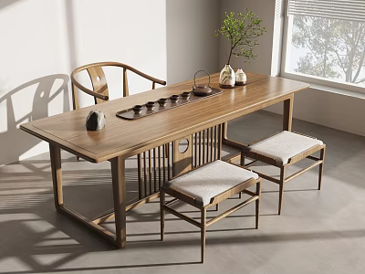 Modern Wooden Tea Table and Chairs Set with Tea Set and Stools in Bright Room 3d model